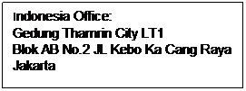 文本框: Indonesia Office:
Gedung Thamrin City LT1
Blok AB No.2 JL Kebo Ka Cang Raya
Jakarta
